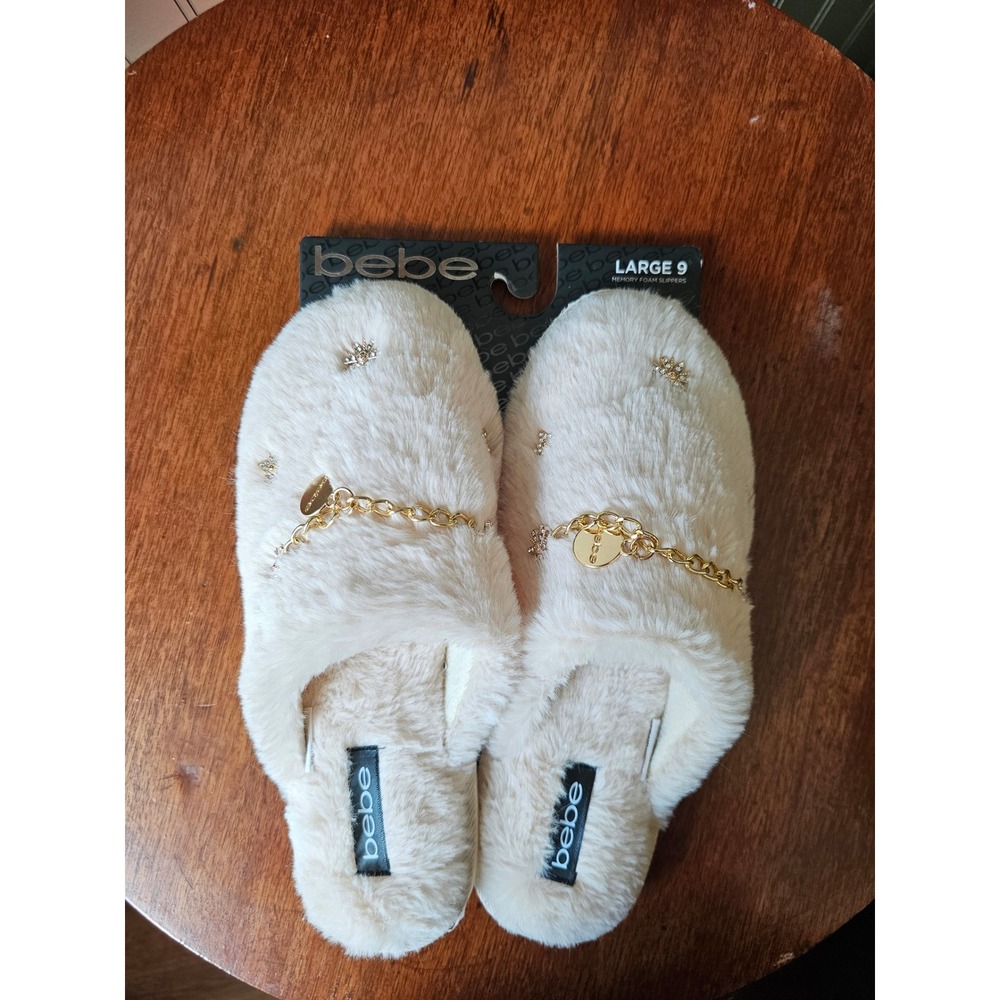 Bebe Womens Sand Faux Fur Memory Foam Slippers Rhinestone Chain Starburst Size 9